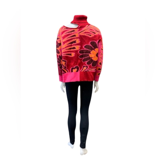 Farm Rio Cutout Intarsia Knit EUC Floral Turtle Neck Pink/Orange/Red Size XS - Picture 5 of 12